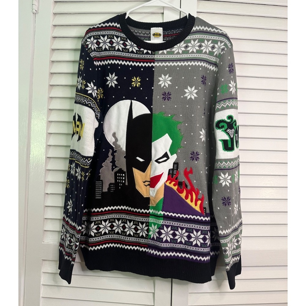 Numskull Batman Joker Split Fair Isle Applique Ugly Christmas Sweater